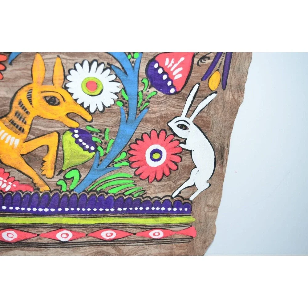 Vtg Mexican Folk Art Amate‎ Bark Painting Bright Colors Flowers Fox Rabbit bunny